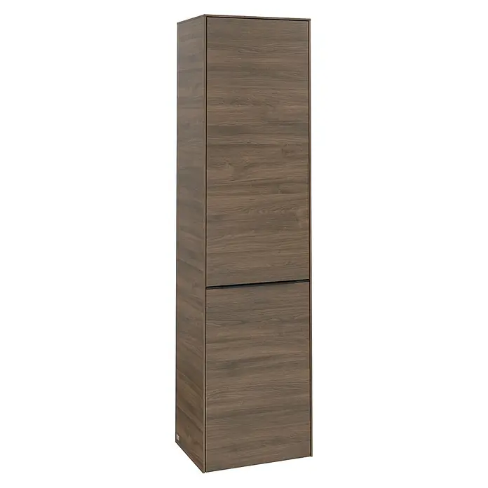 Villeroy & Boch Subway 3.0 Hochschrank - B x T x H: 40 x 36,2 x 171 cm, 1x Klappe mit Wäschekorb, 1x Tür, Arizona Oak, Farbe Griff: Volcano black, DIN Anschlag: Rechts - Aufnahme eines einzelnen hohen Holzschranks. Das Holz hat eine schöne Maserung. Der Schrank hat ein minimalistisches, modernes Design.