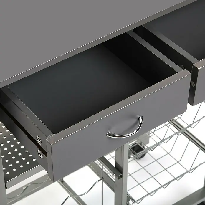 Versa Carro de cocina - L x An x Al: 76 x 40 x 82 cm, Gris - Primer plano de un carrito de cocina gris con dos cajones y cestas de alambre para almacenamiento adicional, ideal para la organización de la cocina.