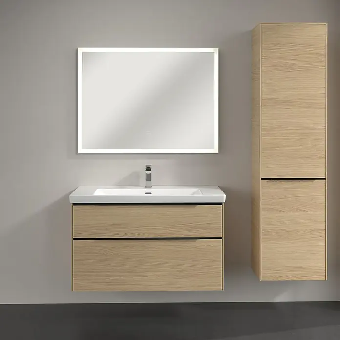 Villeroy & Boch Subway 3.0 Hochschrank - B x T x H: 40 x 36,2 x 171 cm, 1x Klappe mit Wäschekorb, 1x Tür, Nordik oak, Farbe Griff: Volcano black, DIN Anschlag: Rechts - Modernes Badezimmer-Ensemble mit Waschtisch, Unterschrank und beleuchtetem Spiegel für stilvolle Eleganz.