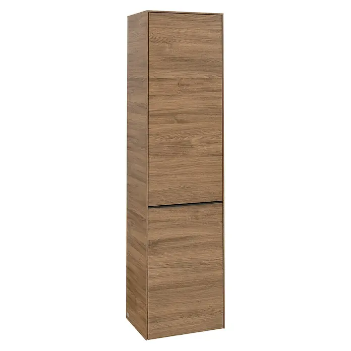 Villeroy & Boch Subway 3.0 Hochschrank - B x T x H: 40 x 36,2 x 171 cm, 1x Klappe mit Wäschekorb, 1x Tür, Kansas Oak, Farbe Griff: Volcano black, DIN Anschlag: Rechts - Hier ist ein hochformatiger Holzschrank mit zwei Schubladen, der sich ideal zur Aufbewahrung eignet und eine warme, natürliche Note verleiht.