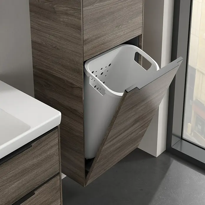 Villeroy & Boch Subway 3.0 Hochschrank - B x T x H: 40 x 36,2 x 171 cm, 1x Klappe mit Wäschekorb, 1x Tür, Stone Oak, Farbe Griff: Volcano black, DIN Anschlag: Rechts - Einbau-Wäschekorb aus Holz mit weißem Kunststoffeinsatz, passend zum Badezimmerdesign, für eine stilvolle und praktische Lösung.