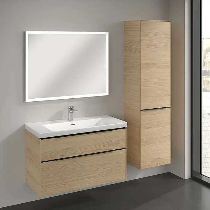 Villeroy & Boch Subway 3.0 Hochschrank - B x T x H: 40 x 36,2 x 171 cm, 1x Klappe mit Wäschekorb, 1x Tür, Nordik oak, Farbe Griff: Volcano black, DIN Anschlag: Rechts - Moderne Badmöbel mit Waschtisch, Unterschrank und Spiegelschrank mit integrierter Beleuchtung für ein stilvolles Badezimmer.