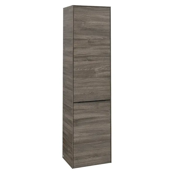 Villeroy & Boch Subway 3.0 Hochschrank - B x T x H: 40 x 36,2 x 171 cm, 1x Klappe mit Wäschekorb, 1x Tür, Stone Oak, Farbe Griff: Volcano black, DIN Anschlag: Rechts - Elegantes graues Holzschrank mit minimalistischem Design. Der Schrank verfügt über zwei Fächer und bietet stilvollen Stauraum.