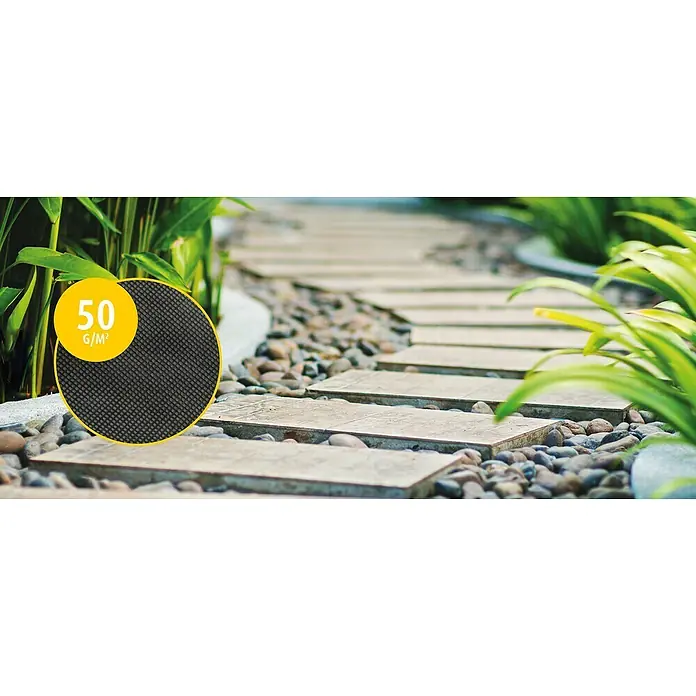 Unkrautvlies Basic - L x B: 25 x 1,5 m - Das Bild zeigt eine Gartenweggestaltung mit einem Unkrautvlies (50 g/m²), das zwischen den Steinen und Pflanzen verlegt ist.