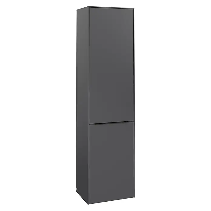 Villeroy & Boch Subway 3.0 Hochschrank - B x T x H: 40 x 36,2 x 171 cm, 1x Klappe mit Wäschekorb, 1x Tür, Graphite, Farbe Griff: Volcano black, DIN Anschlag: Rechts - Aufnahme eines modernen, grauen Hochschranks mit klaren Linien und zwei Fächern, ideal für stilvolle Stauraumlösungen im Interieur.