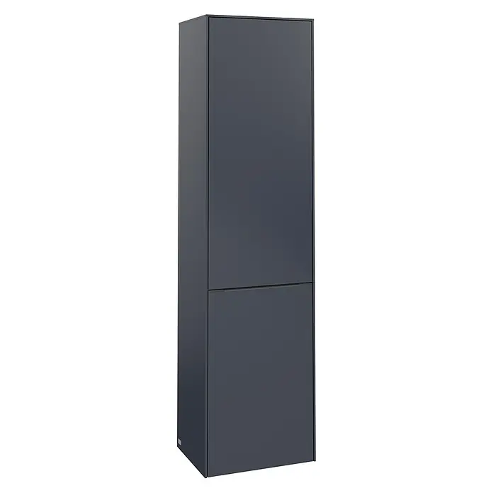 Villeroy & Boch Subway 3.0 Hochschrank - B x T x H: 40 x 36,2 x 171 cm, 1x Klappe mit Wäschekorb, 1x Tür, Marine Blue, Farbe Griff: Marine Blue, DIN Anschlag: Rechts - Ein stilvoller, hoher Badezimmerschrank in dunklem Grau mit zwei Türen, ideal zur Aufbewahrung und zur Ergänzung des modernen Baddesigns.