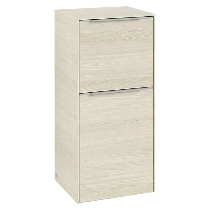 Villeroy & Boch Subway 3.0 Seitenschrank - B x T x H: 40 x 36,2 x 86 cm, White Oak, DIN Anschlag: Links, Farbe Griff: Aluminium glänzend - Dieser Schrank mit zwei Schubladen in hellem Holzdekor bietet praktischen Stauraum und ein schlichtes, modernes Design. Perfekt für jedes Zuhause.