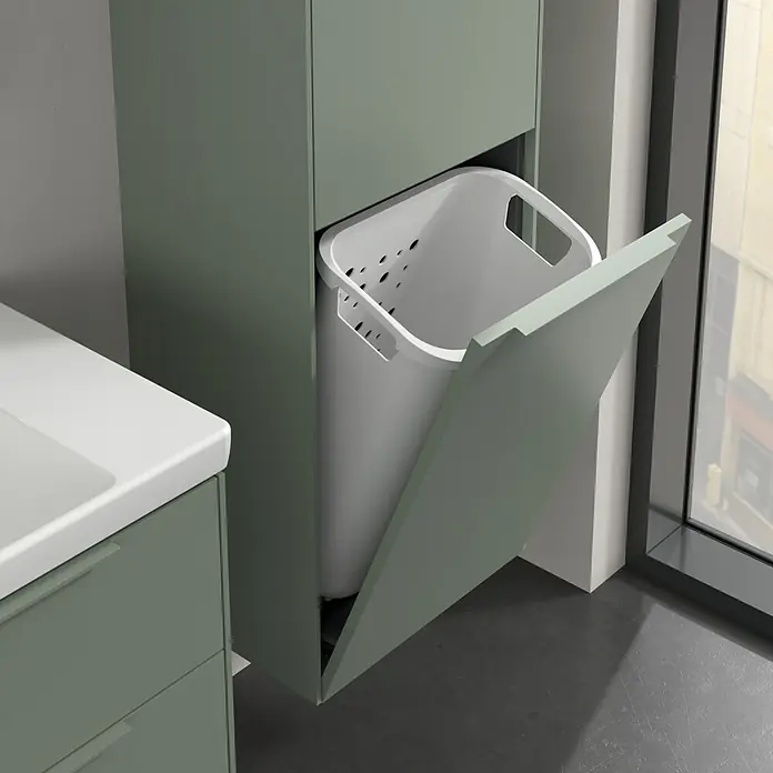 Villeroy & Boch Subway 3.0 Hochschrank - B x T x H: 40 x 36,2 x 171 cm, 1x Klappe mit Wäschekorb, 1x Tür, Soft Green, Farbe Griff: Soft Green, DIN Anschlag: Rechts - Der ausziehbare Wäschesammler in Grün ist in einen Schrank integriert und verfügt über einen praktischen Kippmechanismus.