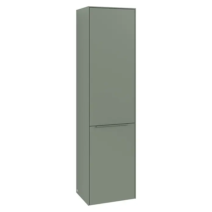 Villeroy & Boch Subway 3.0 Hochschrank - B x T x H: 40 x 36,2 x 171 cm, 1x Klappe mit Wäschekorb, 1x Tür, Soft Green, Farbe Griff: Soft Green, DIN Anschlag: Rechts - Grauer Hochschrank mit zwei Türen und minimalistischem Design für moderne Inneneinrichtungen. Elegante Stauraumlösung für jeden Raum.