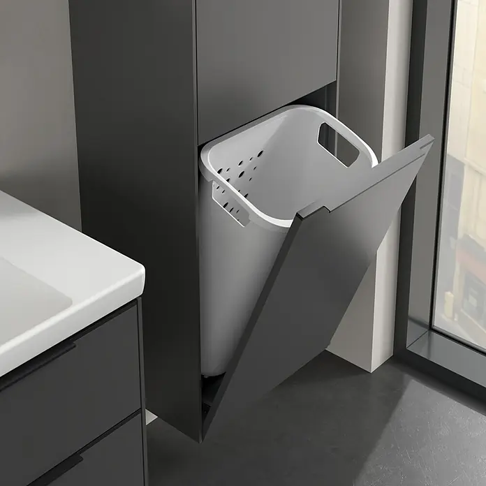 Villeroy & Boch Subway 3.0 Hochschrank - B x T x H: 40 x 36,2 x 171 cm, 1x Klappe mit Wäschekorb, 1x Tür, Graphite, Farbe Griff: Volcano black, DIN Anschlag: Rechts - Moderne Badezimmereinrichtung mit einem grauen Waschbeckenunterschrank und einem integrierten, ausziehbaren Wäschekorb. Der Wäschekorb ist weiß und perforiert.