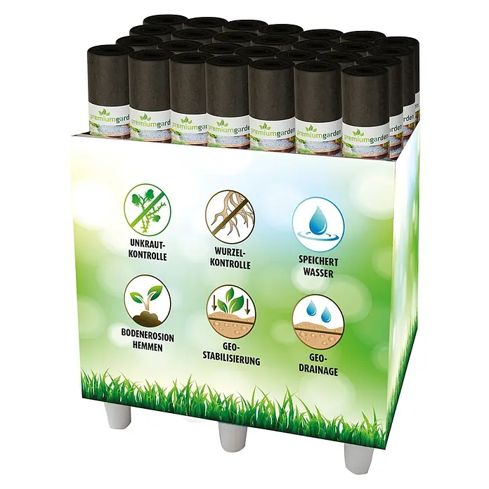Unkrautvlies Basic - L x B: 25 x 1,5 m - Nahaufnahme einer Palette Premium Garden Unkrautvlies Rollen, die für Unkrautkontrolle und Bodenerosion verwendet werden.
