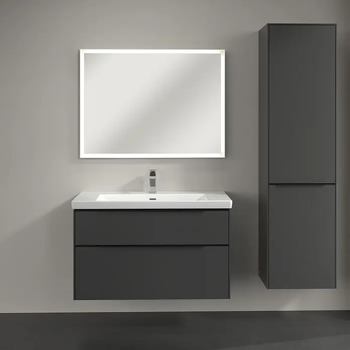 Villeroy & Boch Subway 3.0 Hochschrank - B x T x H: 40 x 36,2 x 171 cm, 1x Klappe mit Wäschekorb, 1x Tür, Graphite, Farbe Griff: Volcano black, DIN Anschlag: Rechts - Modernes Badezimmer-Set mit Waschtischunterschrank und Spiegelschrank in elegantem Grau.