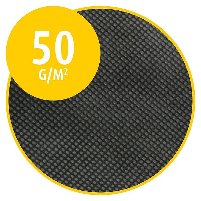 Unkrautvlies Basic - L x B: 25 x 1,5 m - Nahaufnahme eines schwarzen Stoffes mit einer Dichte von 50 g/m², ideal für verschiedene Anwendungen.