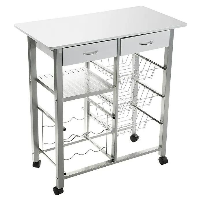 Versa Carro de cocina - L x An x Al: 76 x 40 x 82 cm, Blanco - Carrito de cocina con dos cajones, superficie de almacenamiento y botellero. Práctico ayudante de cocina con ruedas.
