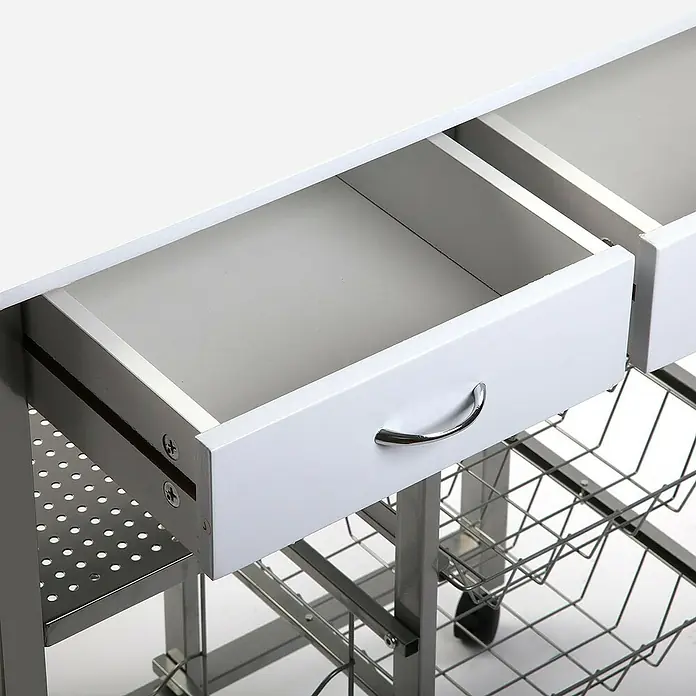 Versa Carro de cocina - L x An x Al: 76 x 40 x 82 cm, Blanco - Imagen de un carrito de cocina con cajones blancos y estantes de cesta de metal, que ofrece más almacenamiento y movilidad en la cocina.