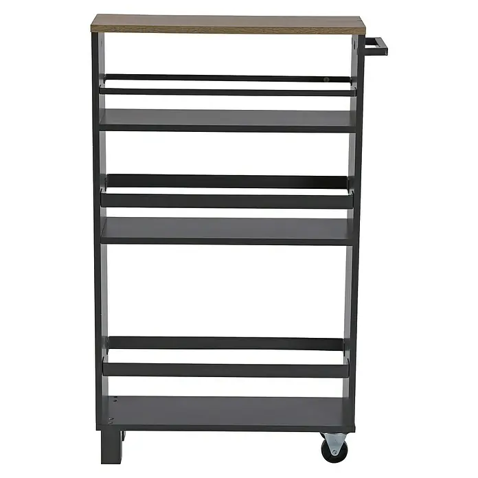 Versa Carro de cocina - L x An x Al: 50 x 15 x 79 cm, Gris - Toma de un dispensador de papel en rollo con múltiples estantes, montado sobre ruedas y con un panel de madera en la parte superior.