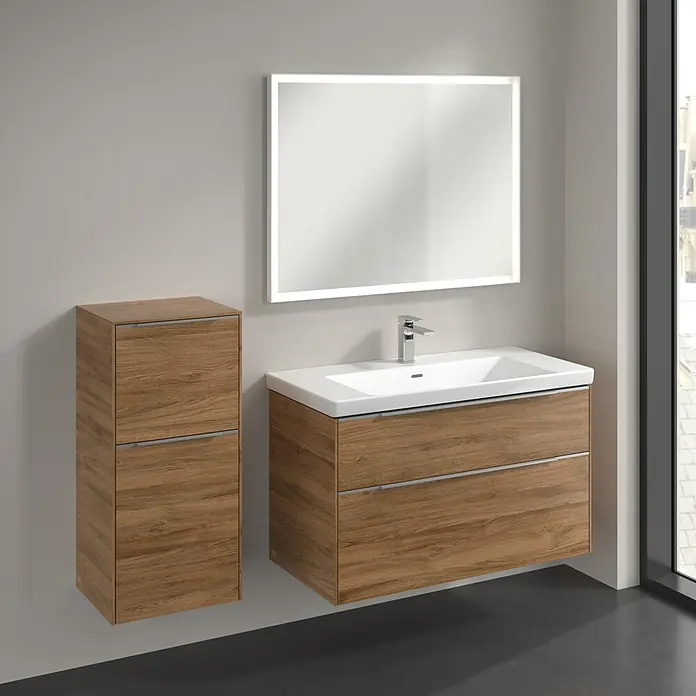 Villeroy & Boch Subway 3.0 Seitenschrank - B x T x H: 40 x 36,2 x 86 cm, Kansas Oak, DIN Anschlag: Links, Farbe Griff: Aluminium glänzend - Stilvolles Badezimmer-Set mit Waschtischunterschrank, Spiegelschrank und Hochschrank in Holzoptik. Das perfekte Badmöbel-Set.