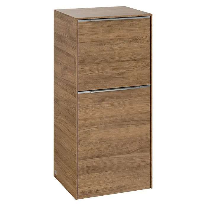 Villeroy & Boch Subway 3.0 Seitenschrank - B x T x H: 40 x 36,2 x 86 cm, Kansas Oak, DIN Anschlag: Links, Farbe Griff: Aluminium glänzend - Ein zweistöckiger Holzschrank mit horizontalen Metallgriffen. Das Holz hat eine natürliche Maserung.