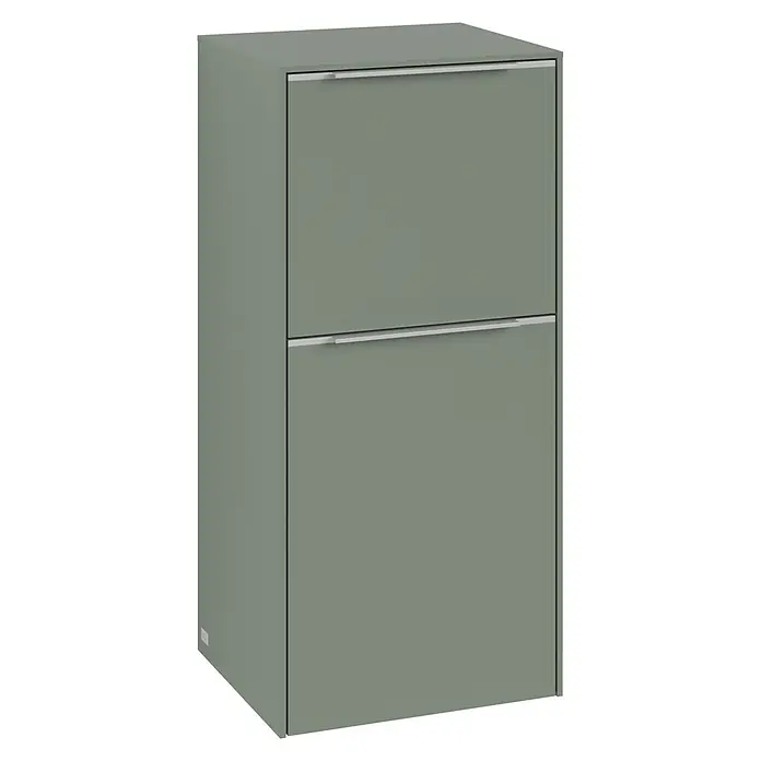 Villeroy & Boch Subway 3.0 Seitenschrank - B x T x H: 40 x 36,2 x 86 cm, Soft Green, DIN Anschlag: Links, Farbe Griff: Aluminium glänzend - Eine moderne, graugrüne Schuhaufbewahrung mit zwei Fächern und silbernen Griffen. Ideal für einen stilvollen Eingangsbereich.