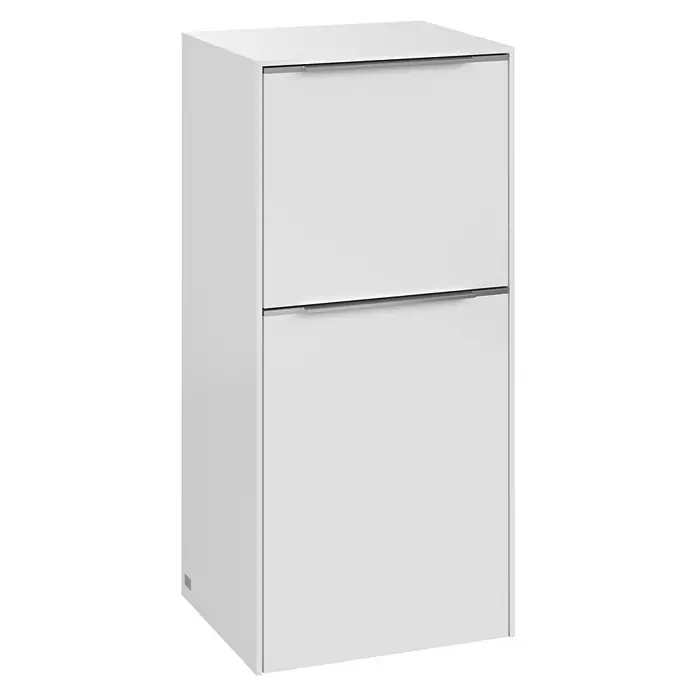 Villeroy & Boch Subway 3.0 Seitenschrank - B x T x H: 40 x 36,2 x 86 cm, Brilliant White, DIN Anschlag: Links, Farbe Griff: Aluminium glänzend - Ein moderner, weißer Schuhschrank mit zwei Kippfächern und schlichten Griffen, ideal für eine stilvolle und funktionale Aufbewahrung von Schuhen.