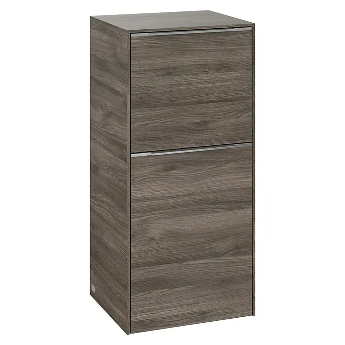Villeroy & Boch Subway 3.0 Seitenschrank - B x T x H: 40 x 36,2 x 86 cm, Stone Oak, DIN Anschlag: Links, Farbe Griff: Aluminium glänzend - Ein moderner, zweistöckiger Holzschrank mit silbernen Griffen, ideal für stilvolle Aufbewahrung. Perfekt für jedes moderne Zuhause.