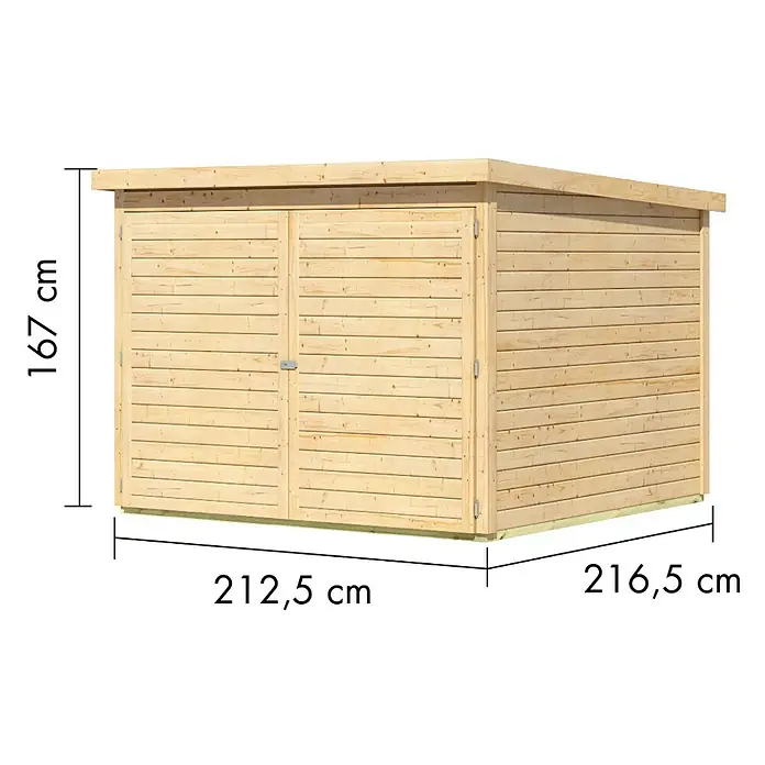 Karibu Fahrradgarage - Außenmaß inkl. Dachüberstand (B x T): 223,5 x 227 cm, Holz, Naturbelassen - Abbildung eines Holzgartenhauses mit den Maßen 212,5 cm x 216,5 cm x 167 cm.