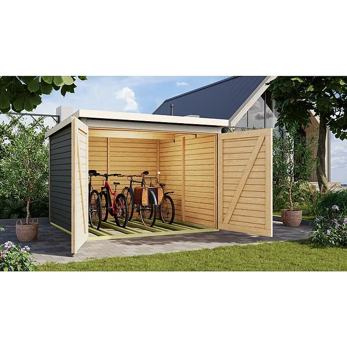 Karibu Fahrradgarage - Außenmaß inkl. Dachüberstand (B x T): 223,5 x 227 cm, Holz, Terragrau - Ein offener Fahrradschuppen aus Holz mit Fahrrädern darin, der eine praktische und stilvolle Aufbewahrungslösung bietet.