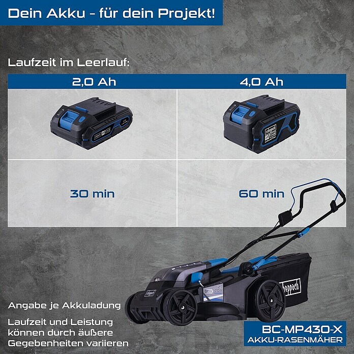 Scheppach IXES 20V Akku-Rasenmäher BC-MP430-X (20 V, 2 Akkus, 4 Ah, Schnittbreite: 430 mm) | BAUHAUS