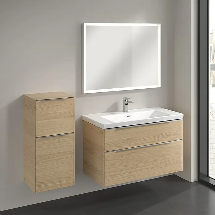 Villeroy & Boch Subway 3.0 Seitenschrank - B x T x H: 40 x 36,2 x 86 cm, Nordik Oak, DIN Anschlag: Links, Farbe Griff: Aluminium glänzend - Moderne Badezimmerkonsole mit Waschbecken, Unterschrank und Spiegelschrank in Holzoptik für ein stilvolles Ambiente.