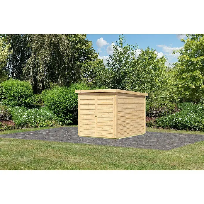Karibu Fahrradgarage - Außenmaß inkl. Dachüberstand (B x T): 179 x 227 cm, Holz, Natur - Ein geräumiges Holzgartenhaus mit Doppeltür, ideal zur Aufbewahrung von Gartengeräten und -möbeln im Außenbereich.