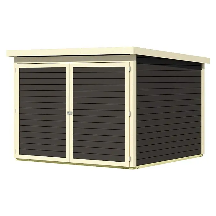 Karibu Fahrradgarage - Außenmaß inkl. Dachüberstand (B x T): 223,5 x 227 cm, Holz, Terragrau - Abbildung eines modernen Geräteschuppens mit Doppeltüren und horizontaler Holzverkleidung, ideal für die Gartenaufbewahrung.