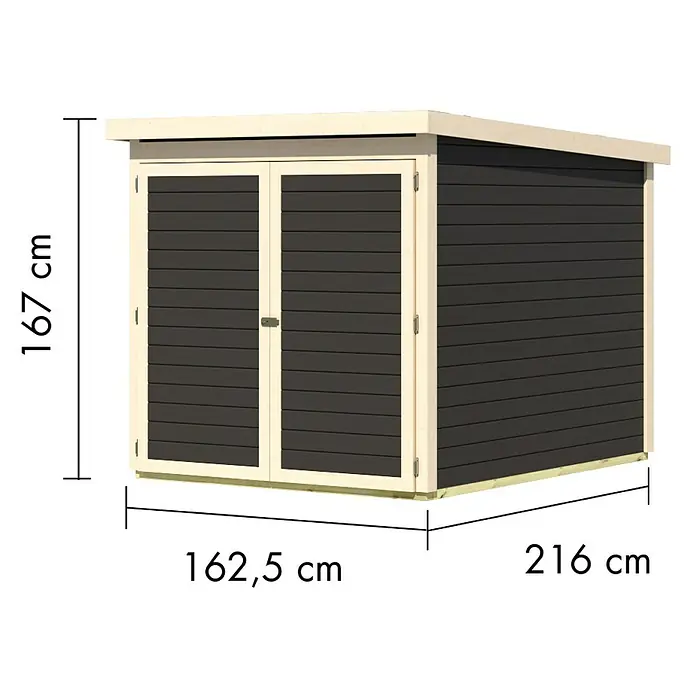 Karibu Fahrradgarage - Holz, Terragrau, Außenmaß inkl. Dachüberstand (B x T): 179 x 227 cm - Abbildung eines Gerätehauses mit den Maßen 167 cm Höhe, 162,5 cm Breite und 216 cm Tiefe.