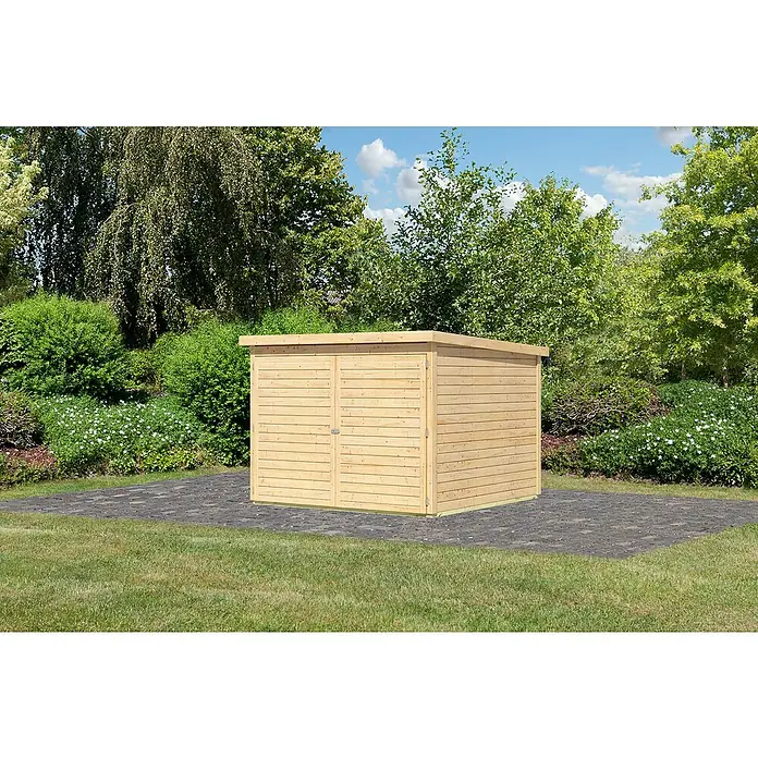 Karibu Fahrradgarage - Außenmaß inkl. Dachüberstand (B x T): 223,5 x 227 cm, Holz, Naturbelassen - Ein geräumiges Holzgartenhaus mit Doppeltüren, ideal zur Aufbewahrung von Gartengeräten und -möbeln. Perfekt für den Außenbereich.