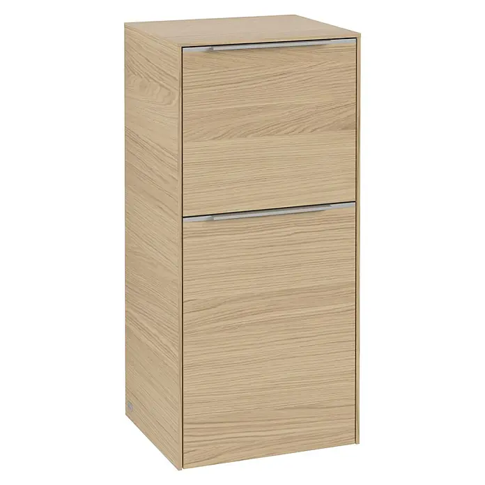 Villeroy & Boch Subway 3.0 Seitenschrank - B x T x H: 40 x 36,2 x 86 cm, Nordik Oak, DIN Anschlag: Links, Farbe Griff: Aluminium glänzend - Ein modernes Holzschuhregal mit zwei Fächern und minimalistischen silbernen Griffen. Ideal für Flur oder Garderobe zur Schuhaufbewahrung.