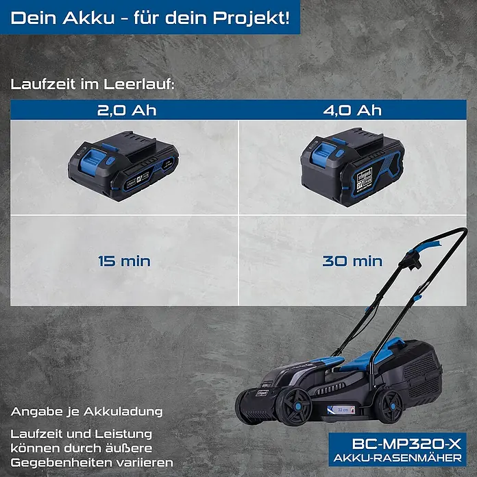 Scheppach IXES 20V Akku-Rasenmäher BC-MP320-X - 20 V, 1 Akku, 4 Ah, Schnittbreite: 32 cm - Akku-Rasenmäher BC-MP320-X mit Akku-Laufzeiten von 15 min (2,0 Ah) und 30 min (4,0 Ah). Ideal für kleine bis mittelgroße Gärten.
