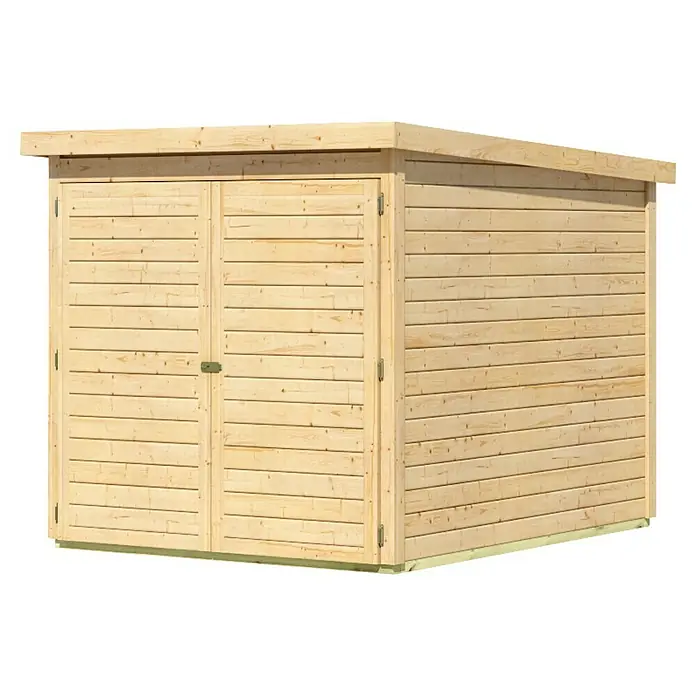 Karibu Fahrradgarage - Außenmaß inkl. Dachüberstand (B x T): 179 x 227 cm, Holz, Natur - Eine helle Holzgartenhütte mit Doppeltür und leicht geneigtem Dach bietet viel Stauraum für Gartengeräte und mehr.