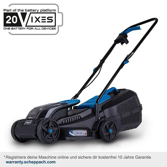 Scheppach IXES 20V Akku-Rasenmäher BC-MP320-X - 20 V, 1 Akku, 4 Ah, Schnittbreite: 32 cm - Akkurasenmäher mit 20 V Akkuplattform für alle Geräte mit einer Schnittbreite von 32 cm von Scheppach.