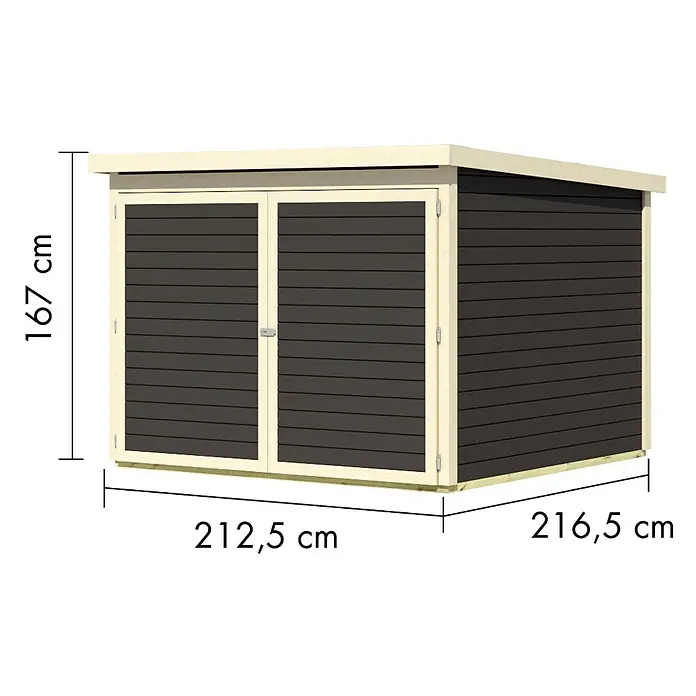 Karibu Fahrradgarage - Außenmaß inkl. Dachüberstand (B x T): 223,5 x 227 cm, Holz, Terragrau - Abbildung eines Gerätehauses mit einer Höhe von 167 cm, einer Breite von 212,5 cm und einer Tiefe von 216,5 cm.