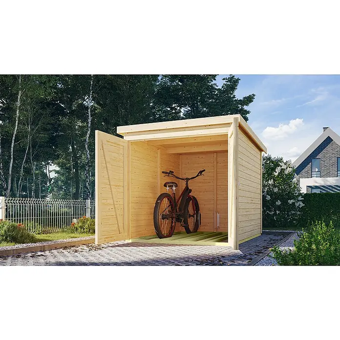 Karibu Fahrradgarage - Außenmaß inkl. Dachüberstand (B x T): 179 x 227 cm, Holz, Natur - Fahrradschuppen aus Holz mit geöffneter Tür und einem Fahrrad darin, umgeben von einer grünen Landschaft.