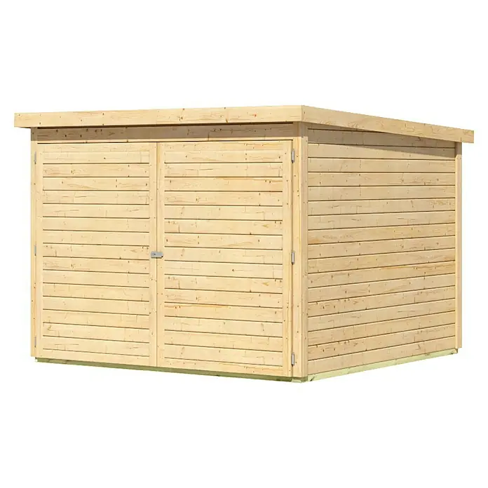 Karibu Fahrradgarage - Außenmaß inkl. Dachüberstand (B x T): 223,5 x 227 cm, Holz, Naturbelassen - Ein geräumiges Gerätehaus aus hellem Holz mit Doppeltür und flachem Dach, ideal für die Gartenaufbewahrung.