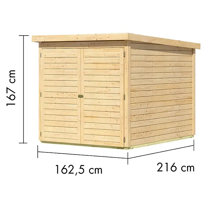 Karibu Fahrradgarage - Außenmaß inkl. Dachüberstand (B x T): 179 x 227 cm, Holz, Natur - Abbildung eines Holzgartenschuppens mit den Maßen 167 cm Höhe, 162,5 cm Breite und 216 cm Tiefe.