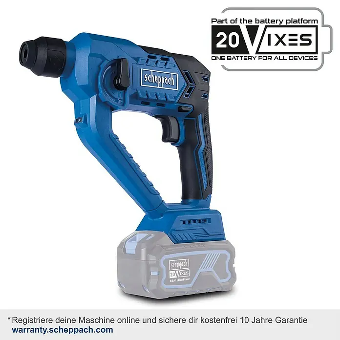 Scheppach IXES 20V Akku-Bohrhammer C-RHD130-X - 20 V, Ohne Akku, 1,3 J - Abbildung eines blauen Scheppach Abbruchhammers mit Akku. Vielseitiges und leistungsstarkes Werkzeug für verschiedene Abbrucharbeiten.