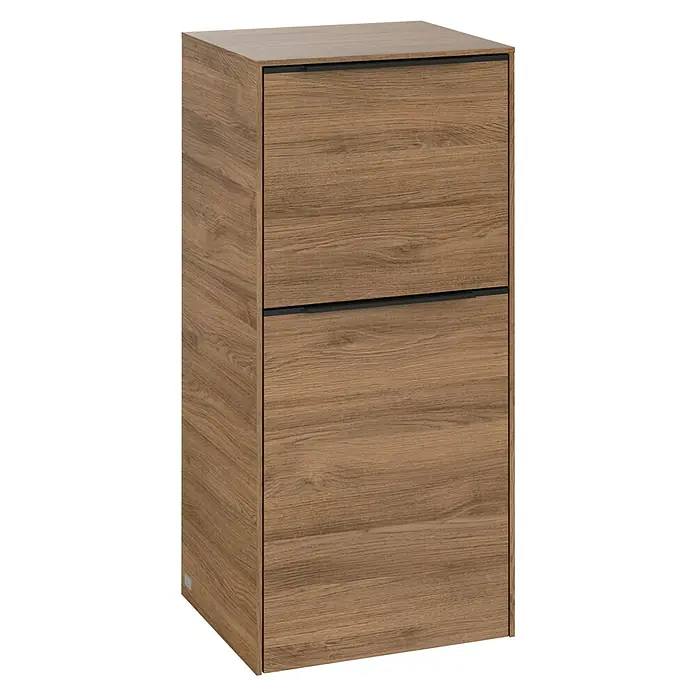 Villeroy & Boch Subway 3.0 Seitenschrank - B x T x H: 40 x 36,2 x 86 cm, Kansas Oak, DIN Anschlag: Links, Farbe Griff: Volcano Black - Ein Holzschrank mit zwei Schubladen. Das Holz ist hellbraun und hat eine deutliche Maserung, die dem Schrank eine natürliche Optik verleiht.
