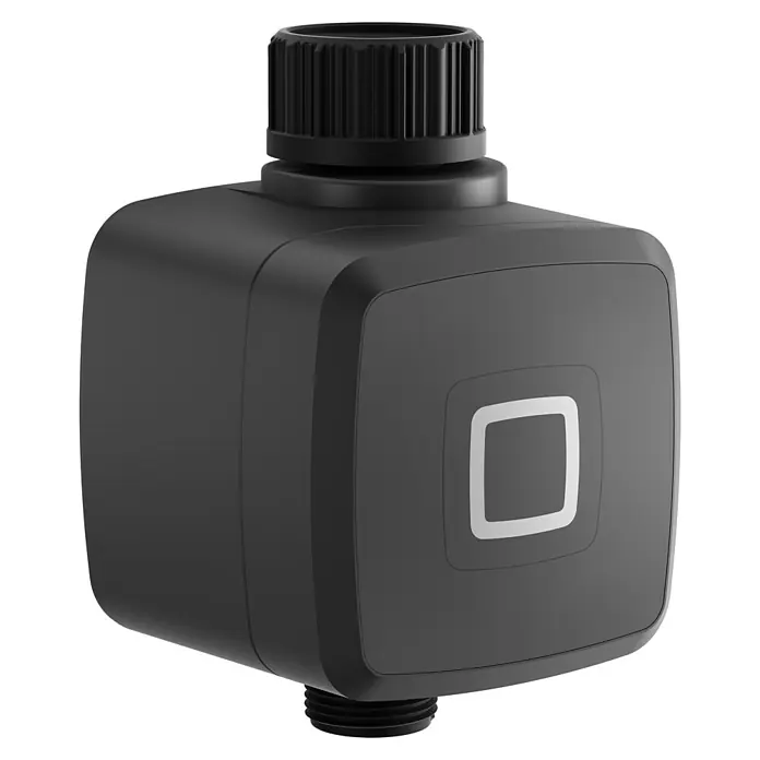Homematic IP Bewässerungsautomat HmIP-WSM - Betriebsdruck: 0,9 bar - 9 bar, Durchflusssensor: 2 - 45 L/min - Nahaufnahme eines schwarzen Bewässerungstimer für den Garten, der eine präzise Steuerung der Bewässerung ermöglicht.