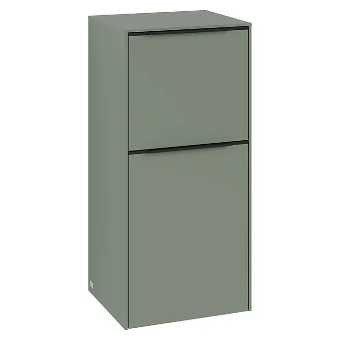 Villeroy & Boch Subway 3.0 Seitenschrank - B x T x H: 40 x 36,2 x 86 cm, Soft Green, DIN Anschlag: Links, Farbe Griff: Volcano Black - Ein stilvoller, grauer Schuhkipper mit zwei Fächern und minimalistischen, schwarzen Griffen. Perfekt für die Organisation Ihrer Schuhe im Eingangsbereich.