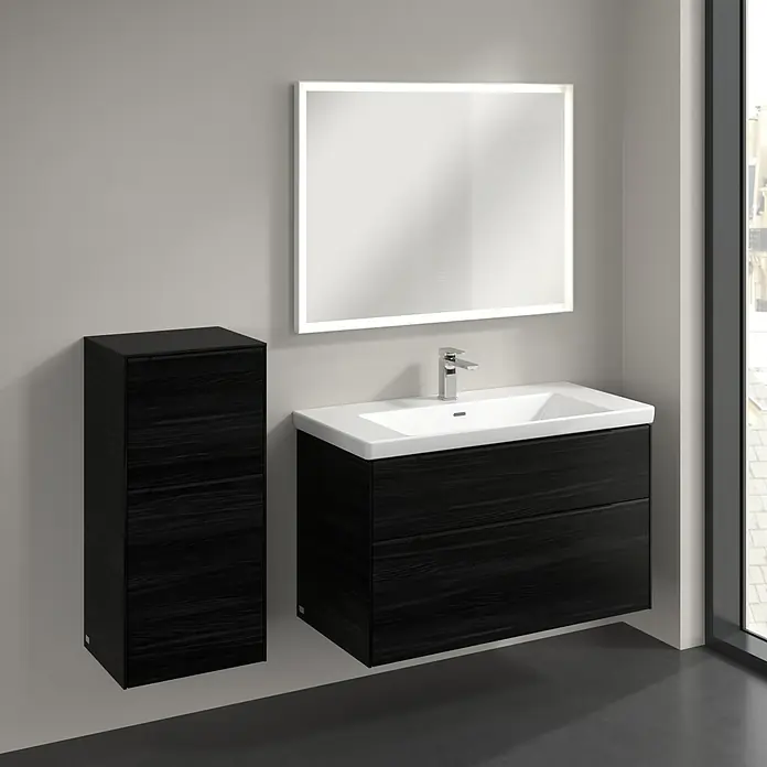 Villeroy & Boch Subway 3.0 Seitenschrank - B x T x H: 40 x 36,2 x 86 cm, Black Oak, DIN Anschlag: Links, Farbe Griff: Volcano Black - Modernes Badezimmer-Set mit Unterschrank, Waschtisch und beleuchtetem Spiegel für ein stilvolles Ambiente.