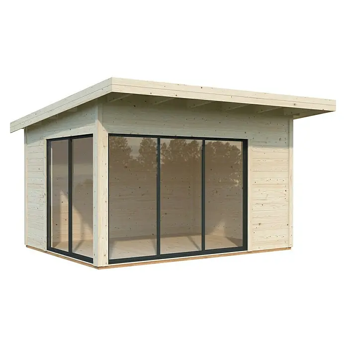 Palmako Gartenhaus Andrea Slide - Außenmaß inkl. Dachüberstand (B x T): 434 x 402 cm, Tauchgrundiertes Holz, Grau - Ein modernes Gartenhaus mit großen Glasfronten und hellen Holzpaneelen, ideal für zusätzlichen Wohnraum im Freien.