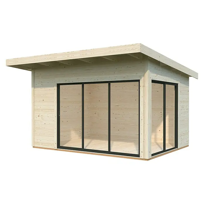 Palmako Gartenhaus Andrea Slide - Außenmaß inkl. Dachüberstand (B x T): 434 x 402 cm, Tauchgrundiertes Holz, Grau - Abbildung eines modernen Holzgartenhauses mit großen Fensterfronten, das viel Tageslicht hereinlässt und eine offene Atmosphäre schafft.