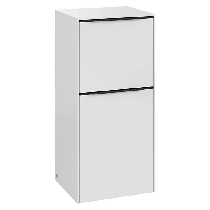 Villeroy & Boch Subway 3.0 Seitenschrank - B x T x H: 40 x 36,2 x 86 cm, Brilliant White, DIN Anschlag: Links, Farbe Griff: Volcano Black - Moderne weiße Schuhkipper-Kommode mit zwei Fächern und schlanken schwarzen Griffen, ideal für eine stilvolle Aufbewahrung von Schuhen.
