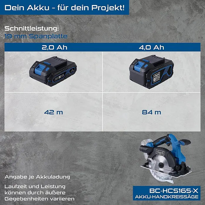 Scheppach IXES 20V Akku-Handkreissäge BC-HCS165-X - 20 V, Durchmesser Sägeblatt: 165 mm - Akku-Leistung im Vergleich: 2,0 Ah für 42 m Schnittlänge, 4,0 Ah für 84 m. Scheppach BC-HCS165-X Akku-Handkreissäge für Ihr Projekt!